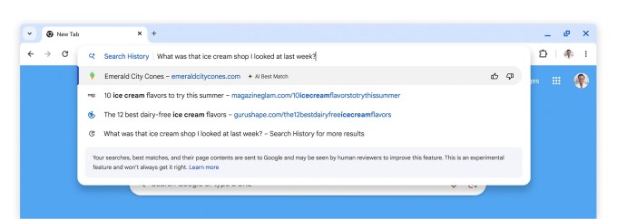 Shortcut for “Search History” in the Chrome address bar with the input “what was that ice cream shop I looked at last week?. The drop down results provide the URL to the correct website “Emerald City Cones”. 