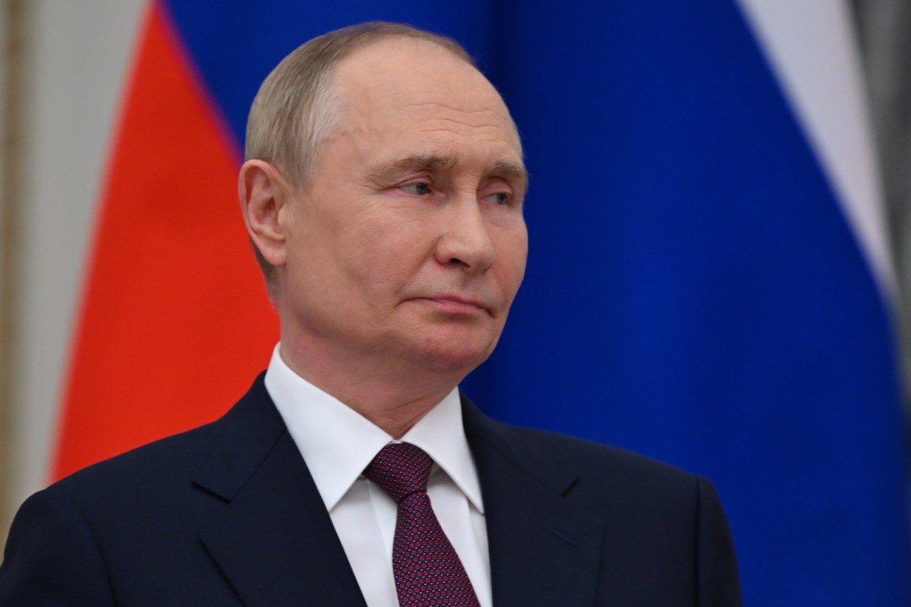 Russian President Vladimir Putin looks on as he makes a speech during a joint press statement with Hungarian Prime Minister Viktor Orban on July 05, 2024.