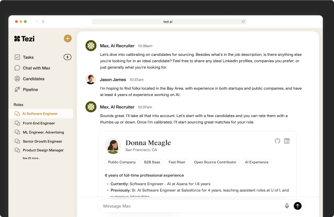 Tezi interface showing HR bot interacting with a recruiter.